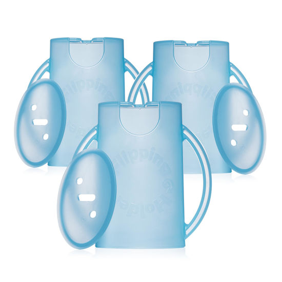 Picture of Flipping Holder Squeeze Proof Food Pouch Holder for Toddlers, Babies, Kids, Mess Free No Squeeze Juice Box Drink Holder with Easy Grip Handles and Lid - Made in USA (Blue 3 Pack)
