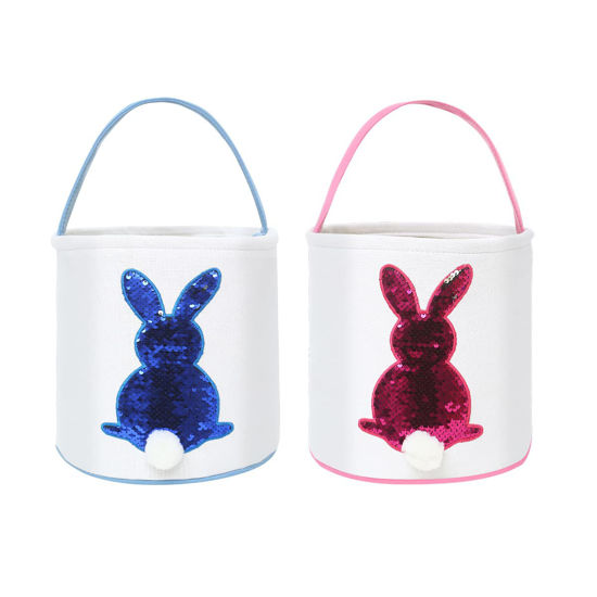 Picture of Cootato 2 Pack Easter Bunny Basket Bags for Kids, Sequin Rabbit Pattern Egg Basket Hunt Bags Personalized Canvas Cotton Bucket with Fluffy Tail for Easter Eggs, Candy, Gift (Blue, Pink)