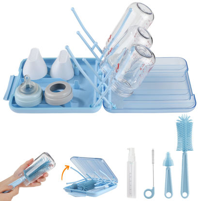 Picture of Bottle Brush Set -Baby Travel Essential-6 in 1 Bottle Cleaner Kit with Silicone Bottle Brush,Nipple Cleaner Brush,Straw Brush,Soap Dispenser,Storage Box,Bottle Drying Rack for Home and Travel(Blue)