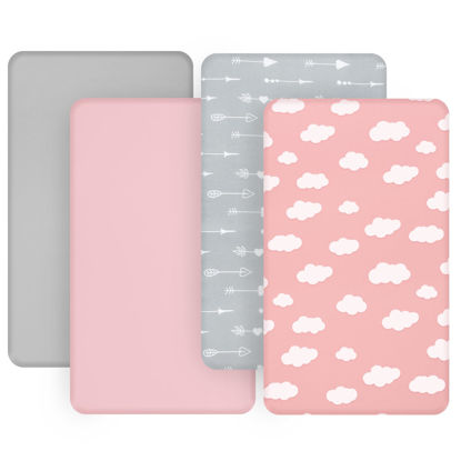 Picture of 4-Pack Fitted Mini Crib Sheets for Boys and Girls - Breathable, Soft Microfiber Baby Sheets in Grey and Pink