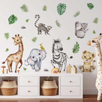 Picture of Watercolor Jungle Animal Wall Decals Forest Animal Wall Sticker Safari Elephant Tiger Giraffe Wall Decals for Baby Nursery Playroom Bedroom Classroom Kindergarten Wall Decor