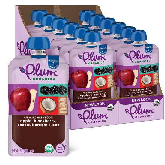 Picture of Plum Organics Stage 2 Organic Baby Food - Apple, Blackberry, Coconut Cream, and Oat - 3.5 oz Pouch (Pack of 12) - Organic Fruit and Vegetable Baby Food Pouch