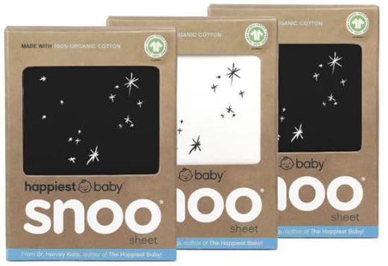 Picture of Happiest Baby SNOO Bassinet Fitted Sheet - 100% Organic Cotton Nursery Bedding - Fits SNOO Sleeper Crib Mattress - 3-Pack Bundle (Black (2), Ivory Stars (1))