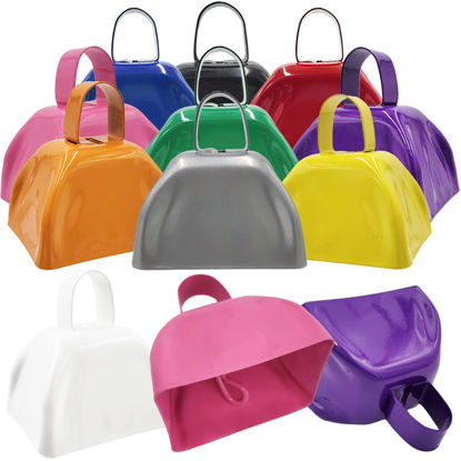 Picture of The Dreidel Company Metal Cowbell Noisemaker Cheering Bell, New Years, School Classroom, Wedding Bells & Chimes Percussion Musical Instruments Call Bell Alarm, 3" (Multi-Color, Assorted, 6-Pack)