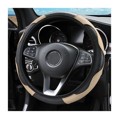 Picture of Car Steering Wheel Cover, 15 Inch PU Leather Carbon Fiber Elastic Stretch Without Inner Ring, Breathable Anti-Slip Auto Steering Wheel Protector for Women Men, Universal for Most Cars (Beige)