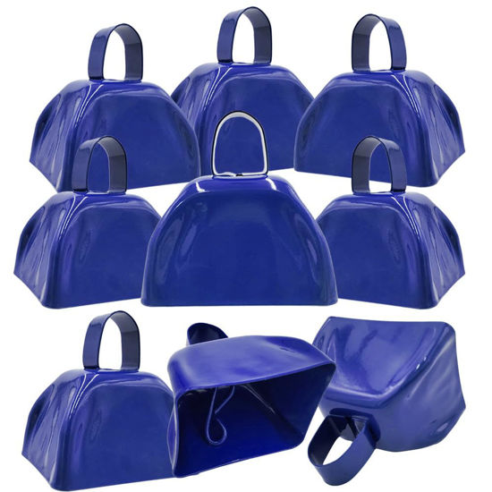 Picture of The Dreidel Company Metal Cowbell Noisemaker Cheering Bell, New Years, School Classroom, Wedding Bells & Chimes Percussion Musical Instruments Call Bell Alarm, 3" (Blue, 6-Pack)