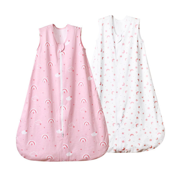 Picture of david's kids 100% Cotton Baby Sleep Sack 6-12 Months, Soft Baby Wearable Blankets with 2-Way Zipper, 2 Pack Comfy Sleeping Bags for Infant Newborn Boys Girls Neutral, Medium Size, Rainbow & Space