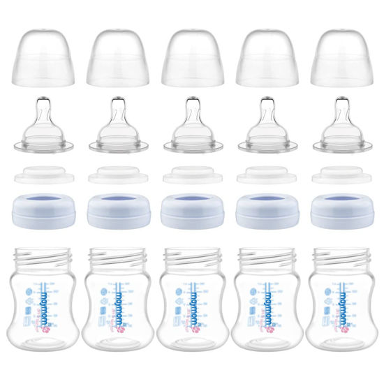 Picture of Maymom Wide-Mouth Milk Storage and Feeding Collection Bottle with Nipple, Dome Cap, Bottle Top, SureSeal Sealing Disk; Compatible with Spectra Pump/Motif Luna; 5 pc (4.7Oz/140mL)