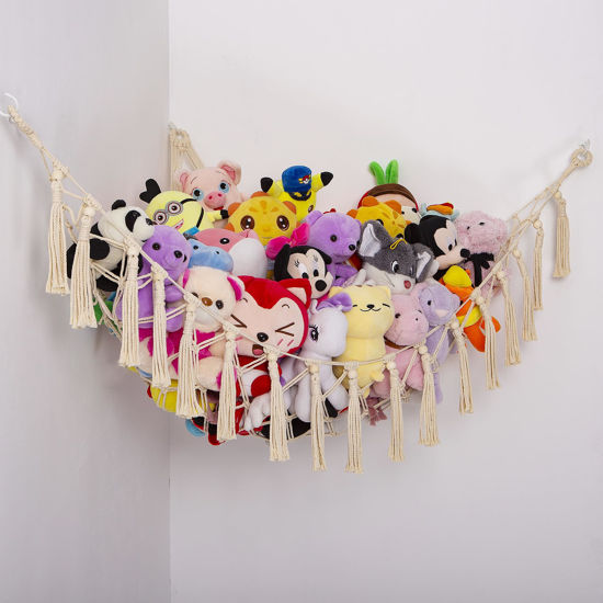 Picture of YKBU Stuffed Animals Hammock Corner Hanging Net with Wooden Beads Macrame Stuffed Animal Storage Ideas Plush Holder Toy Organizer for Boho Nursery Playroom Bedroom Kids Room Decor (cream, X-Large)