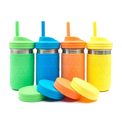 Picture of Elk and Friends Stainless Steel Cups |14 oz Mason Jar design | Kids & Toddler Cups with Silicone Sleeves & Straws with Stopper | Smoothie Cups | Dishwasher Safe | Green/Blue/Orange/Yellow, 4 Cups