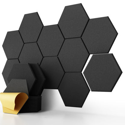 Picture of 12 Pack Acoustic Panels,12''X10''X0.4'' Self-adhesive Hexagon Sound Proof Foam Panels,Fireproof Soundproof Panels Reduce Room Echo and Reverberation for Studio& Office（Matte black）