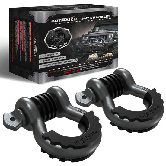 Picture of AUTMATCH D Ring Shackle 3/4" Shackles (2 Pack) 41,887Ibs Break Strength, Clevis Shackle with 7/8" Screw Pin & Shackle Isolator Washers Kit for Tow Strap Winch Off Road Vehicle Recovery, Gunmetal Gray