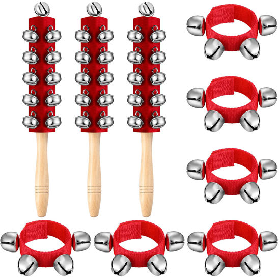 Picture of LEIFIDE 9 Pcs Christmas Handle Jingle Bells Wooden Hand Sleigh Bells Wrist Band Shaker Bells for Kids Baby Toddler Music Enlightenment Instruments Holiday Christmas Gifts(Red)