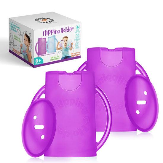 Picture of Flipping Holder Squeeze Proof Food Pouch Holder for Toddlers, Babies, Kids, Mess Free No Squeeze Juice Box Drink and Applesauce Snack Holder with Easy Grip Handles and Lid