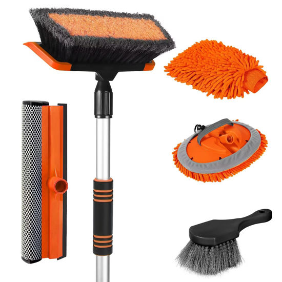 Picture of Wontolf 62'' Car Wash Brush with Long Handle, Scratch-Free Soft Bristles Sturdy Car Wash Mop, Complete Cleaning Brush Kit Wash Mitt Towel Windshield Squeegee Wheel Tire Brush for Car Truck RV Orange