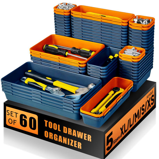 Picture of FLYVOLE Tool Box Organizer Tray, Toolbox Desk Drawer Organizer, Tool Box Tray, Toolbox Organization Storage for Rolling Tool Chest (60PCS (Blue+Orange))