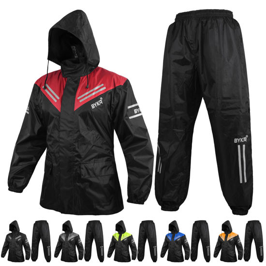 Picture of BYKR Waterproof Outdoors Motorcycle Rain Suits for Men & Women Cycling 2-Piece Breathable & Windproof Wet Weather Protection Motocross Rain Gear Reflective Rainwear All Sports Riding Rainsuit Red S