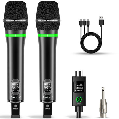 Picture of Bietrun XLR Wireless Microphone, Rechargeable Dual Metal Cordless Handheld Dynamic Mics for Mixer, Audio Interface, PA Amplifier System, Church, Singing, Karaoke(UHF 240FT Range)(with 6.35 Adapter)