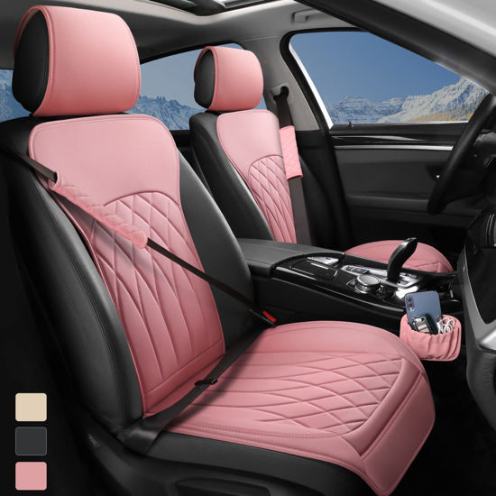 Picture of BEITK 2 Pack Leather Front Car Seat Covers, Universal Sideless Car Seat Protectors with Storage Pocket and Seat Belt Pads, Waterproof Automotive Seat Cover for Cars Trucks SUV(Pink)