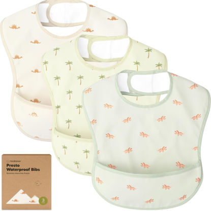 Picture of 3-Pack Waterproof Baby Bibs for Eating - Lightweight Baby Bib with Food Catcher, Mess Proof Toddler Bibs, Waterproof Bibs for Baby Boys, Baby Girls, Feeding Bibs, Drool Bibs, Baby Food Bibs (Roarsome)
