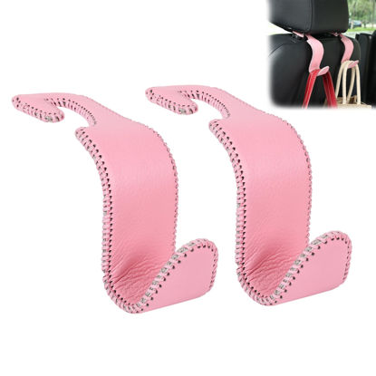 Picture of Amooca Car Seat Headrest Hook Universal Vehicle Storage Hanger Leather with Metal Car Seat Back Organizer for Handbag Purse Coat Pink 2 Pack