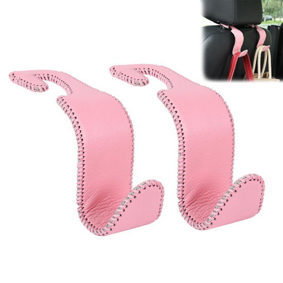Picture of Amooca Car Seat Headrest Hook Universal Vehicle Storage Hanger Leather with Metal Car Seat Back Organizer for Handbag Purse Coat Pink 2 Pack