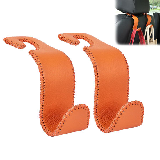 Picture of Amooca Car Seat Headrest Hook Universal Vehicle Storage Hanger Leather with Metal Car Seat Back Organizer for Handbag Purse Coat Orange 2 Pack