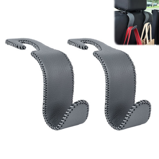 Picture of Amooca Car Seat Headrest Hook Universal Vehicle Storage Hanger Leather with Metal Car Seat Back Organizer for Handbag Purse Coat Grey 2 Pack