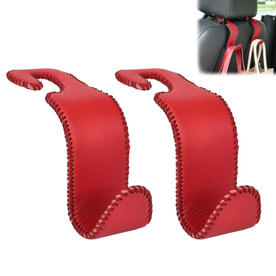 Picture of Amooca Car Seat Headrest Hook Universal Vehicle Storage Hanger Leather with Metal Car Seat Back Organizer for Handbag Purse Coat Wine 2 Pack