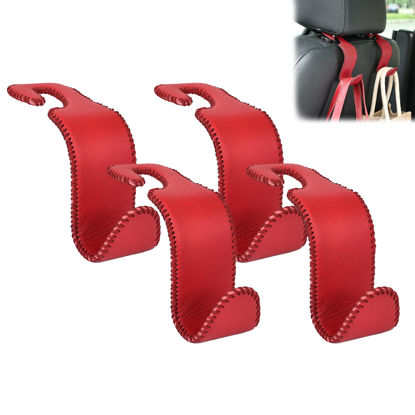 Picture of Amooca Car Seat Headrest Hook Universal Vehicle Storage Hanger Leather with Metal Car Seat Back Organizer for Handbag Purse Coat Wine 4 Pack