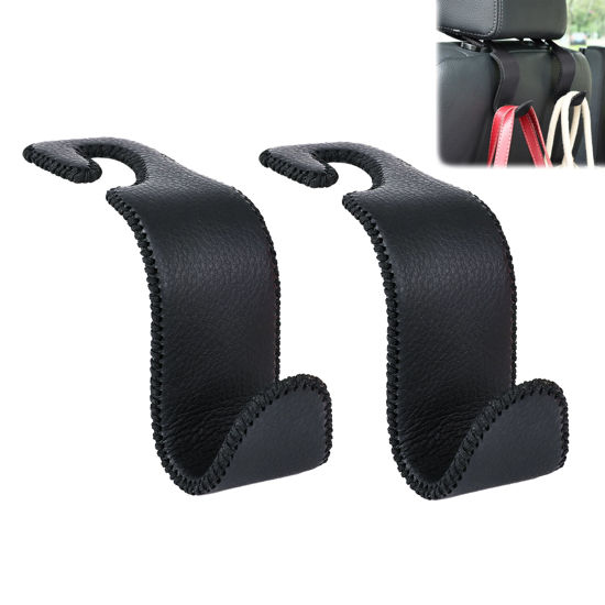 Picture of Amooca Car Seat Headrest Hook Universal Vehicle Storage Hanger Leather with Metal Car Seat Back Organizer for Handbag Purse Coat Black 2 Pack