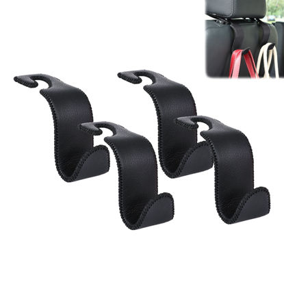 Picture of Amooca Car Seat Headrest Hook Universal Vehicle Storage Hanger Leather with Metal Car Seat Back Organizer for Handbag Purse Coat Black 4 Pack