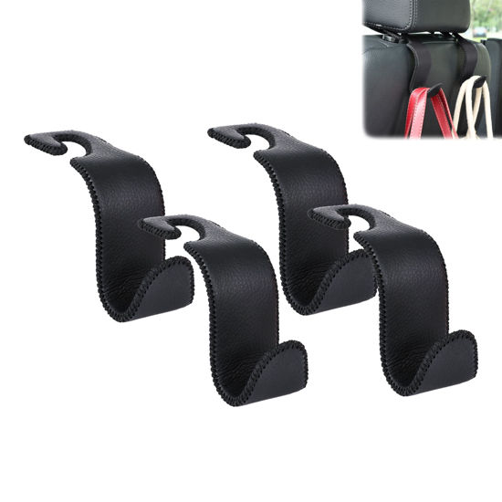 Picture of Amooca Car Seat Headrest Hook Universal Vehicle Storage Hanger Leather with Metal Car Seat Back Organizer for Handbag Purse Coat Black 4 Pack