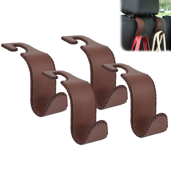 Picture of Amooca Car Seat Headrest Hook Universal Vehicle Storage Hanger Leather with Metal Car Seat Back Organizer for Handbag Purse Coat Brown 4 Pack