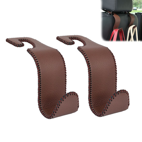 Picture of Amooca Car Seat Headrest Hook Universal Vehicle Storage Hanger Leather with Metal Car Seat Back Organizer for Handbag Purse Coat Brown 2 Pack