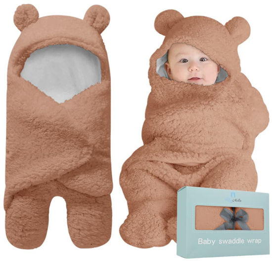 Picture of BlueMello Baby Swaddle Blanket | Ultra-Soft Plush Essential for Infants 0-6 Months | Receiving Swaddling Wrap Brown | Ideal Newborn Registry and Toddler Boy Accessories | Perfect Baby Girl Shower Gift
