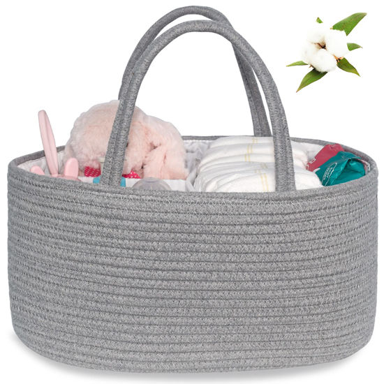 Picture of ABenkle Baby Diaper Caddy, Nursery Storage Bin and Car Organizer for Diapers Wipes, Cotton Rope Basket Changing Table Caddy