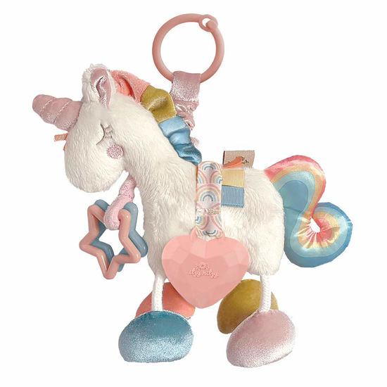 Picture of Itzy Ritzy Link & Love Toy for Stroller or Car Seat; Features Textured Ribbons, Crinkle Sounds, Clinking Rings & Silicone Teether; Designed For Ages 0 Months and Up (Unicorn)