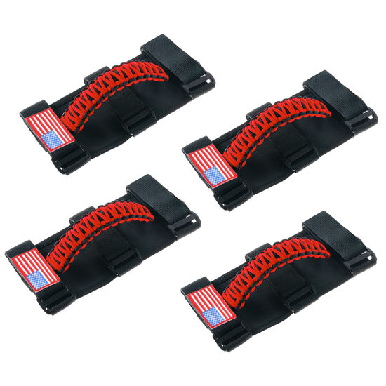 Picture of Savadicar 4 x Roll Bar Grab Handles Grip Handle with USA Flag for 1955-2024 Jeep Wrangler CJ LJ YJ TJ JK JL & Gladiator JT, Interior Accessories, Black & Red, 4 PCS