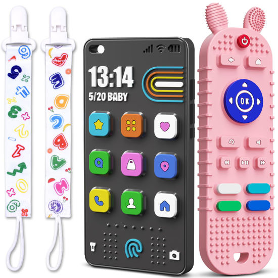 Picture of Kaodezhu TV Remote Control Shape Baby Teething Toys and Phone Shape Teether Toys for Babies 6-12 Months, Soft Flexible Silicone Chew Toys for Baby - Black Pink