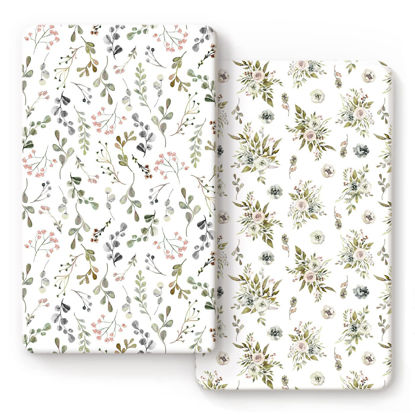 Picture of GRSSDER Stretchy Ultra Soft Jersey Knit Fitted Crib Sheets Set 2 Pack, Cozy Crib Sheet Fits All Standard Crib Mattress Pads, Stylish Watercolor Rose and Flora