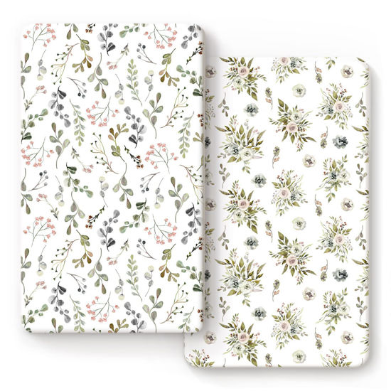 Picture of GRSSDER Stretchy Ultra Soft Jersey Knit Fitted Crib Sheets Set 2 Pack, Cozy Crib Sheet Fits All Standard Crib Mattress Pads, Stylish Watercolor Rose and Flora