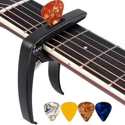Picture of Guitar Capo, 3in1 Zinc Metal Capo for Acoustic and Electric Guitars (with Pick Holder and 4Picks),Ukulele,Mandolin,Banjo,Guitar Accessories (Black)