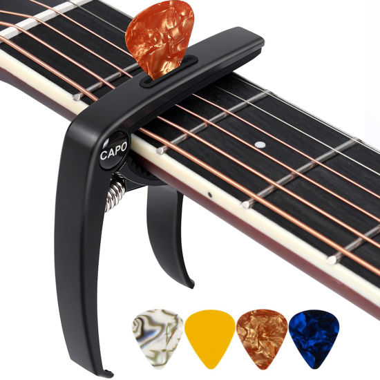 Picture of Guitar Capo, 3in1 Zinc Metal Capo for Acoustic and Electric Guitars (with Pick Holder and 4Picks),Ukulele,Mandolin,Banjo,Guitar Accessories (Black)