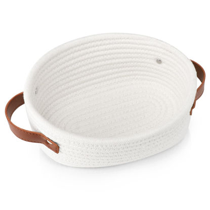Picture of ABenkle Small Woven Basket, Mini Cotton Rope Storage Basket, Tiny White Easter Basket, Shelf Basket, Oval Decorative Toy Dog Cat Basket for Nursery, Empty Gift Basket, 9.4" x 5.9" x 3.9" XS