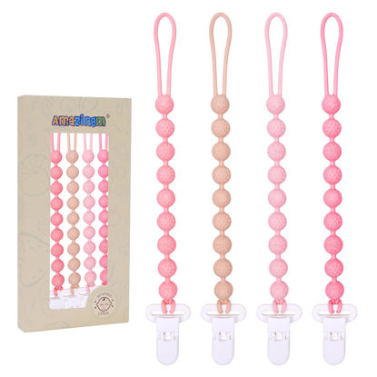 Picture of One Piece Design Silicone Pacifier Clip Holder,Pack of 4 Flexible Paci Leash,Binky Clips with Textures for Baby Boys and Girls,Newborn Essential (Pink)