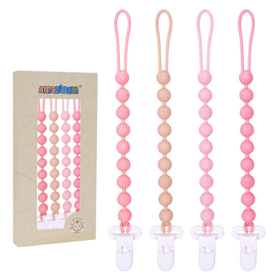 Picture of One Piece Design Silicone Pacifier Clip Holder,Pack of 4 Flexible Paci Leash,Binky Clips with Textures for Baby Boys and Girls,Newborn Essential (Pink)