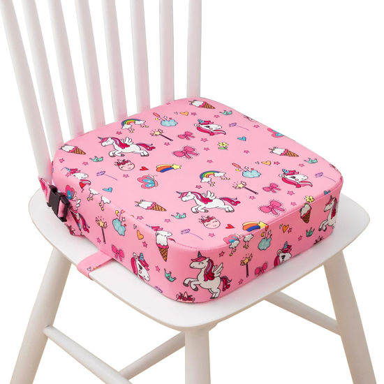 Picture of Eiury Toddler Booster Seat for Dining Table, Portable Kids Booster Seat with Safety Buckles Portable Increasing Booster Cushion with Non-Slip Bottom (Pink Unicorn)