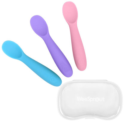 Picture of WeeSprout Baby Spoons for Self Feeding 6 Months +, Soft & Durable Silicone Utensils for Sensitive Gums & Teeth, Easy Grip Handles & Shorter Length for Little Hands, 3 Pack + Carrying Case
