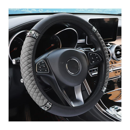 Picture of Leather Car Steering Wheel Cover, 15 Inch Colorful Rhinestones Elastic Auto Steering Wheel Protector, Bling Steering Wheel Cover for Women Men, Car Accessories for Cars, Vehicles, SUVs (Gray)